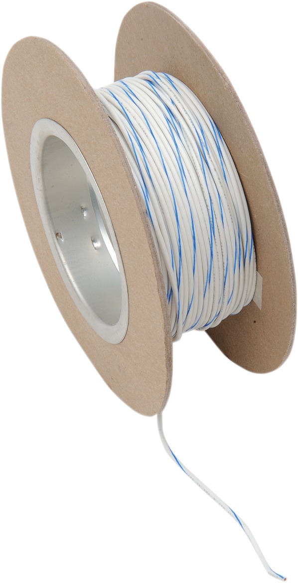 White / Blue 18 Gauge Color Match Primary Wire - 100' Spool - Click Image to Close