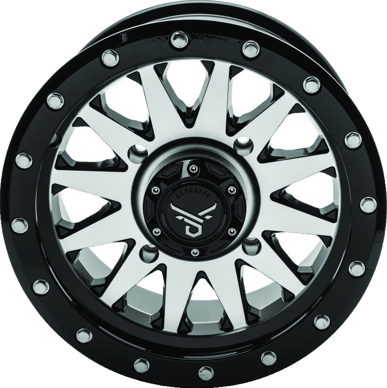 QuadBoss Wagon Wheel 14x7 4+3 4/156 Black Machined - 14x7 4+3 offset, 4/156 bolt pattern - Click Image to Close