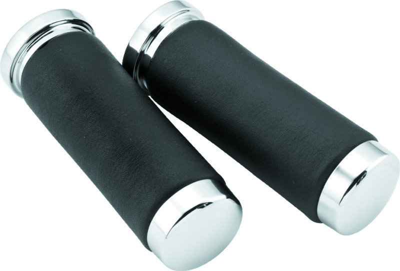 Bikers Choice Chrome and Leather 1 Inch Grips Universal - Chrome and leather grips for 1 inch handlebars - Click Image to Close