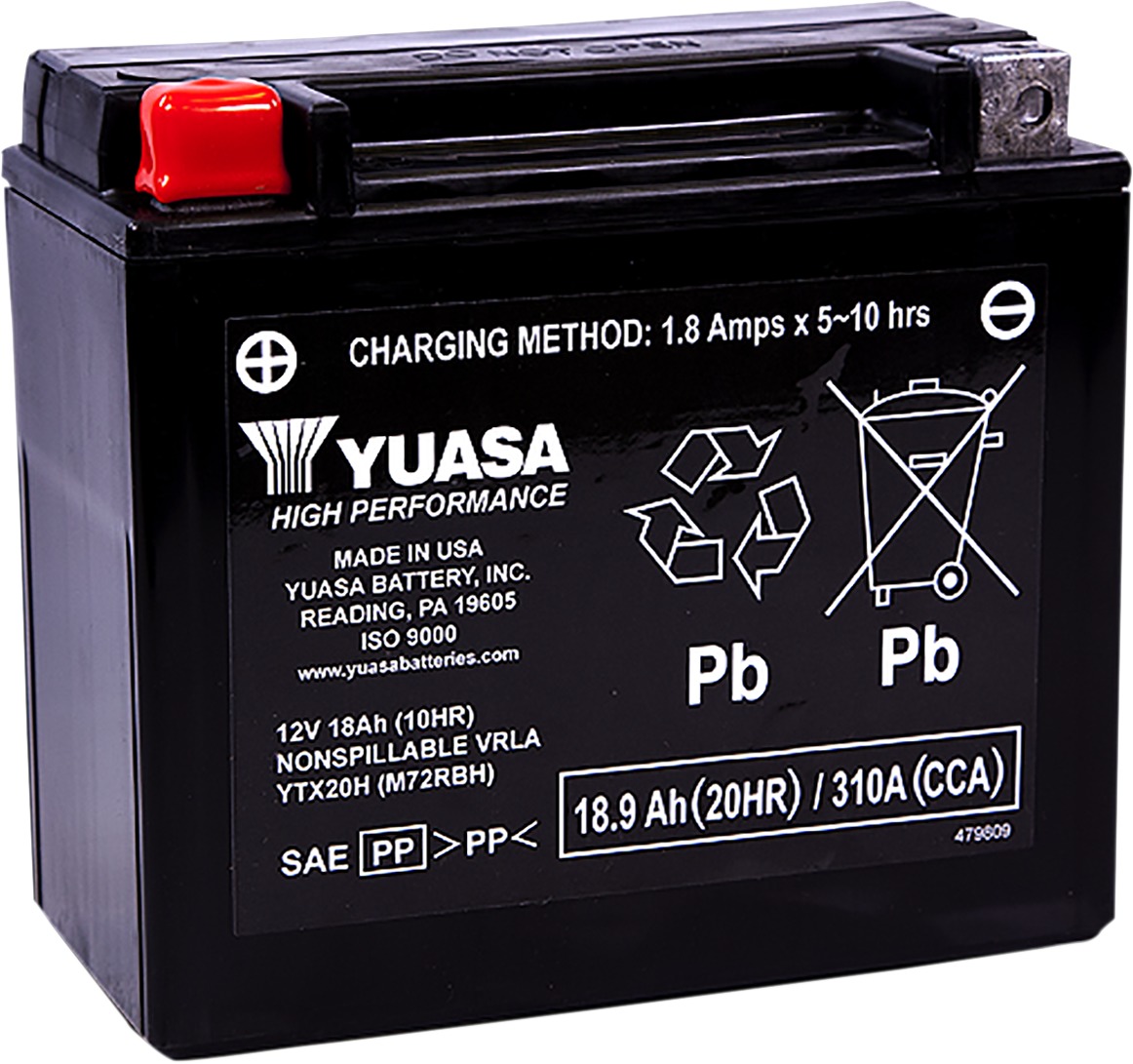 Yuasa YTX20H High Performance Factory Activated 12V Battery - Maintenance free AGM battery, YTX20H, 12V, 310 CCA - Click Image to Close