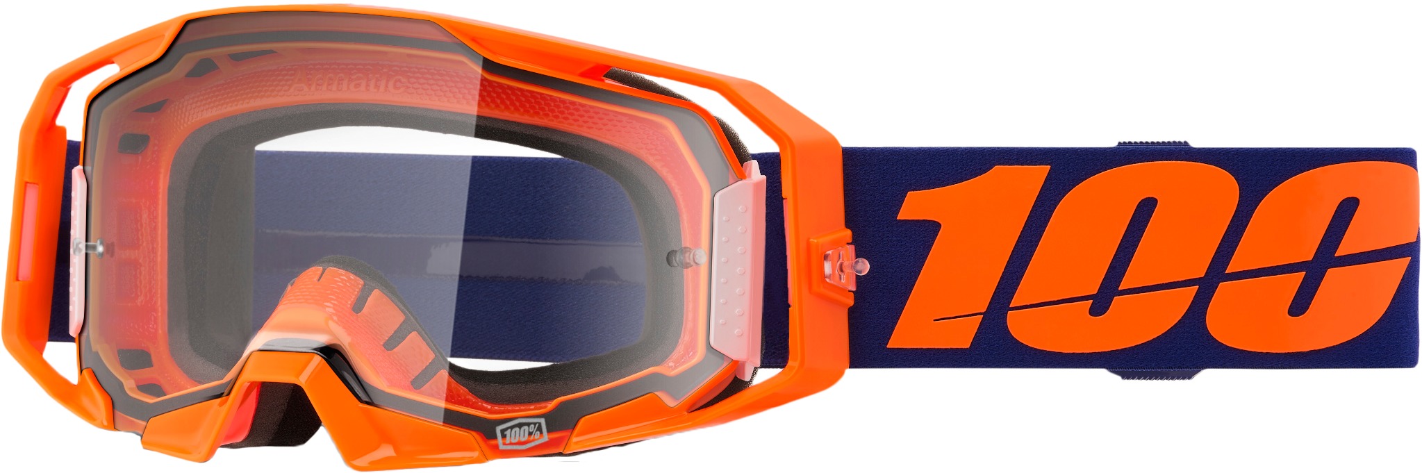 100 Percent Armatic Goggle Neon Orange Clear Lens - Motocross goggle with clear lens, Neon Orange - Click Image to Close