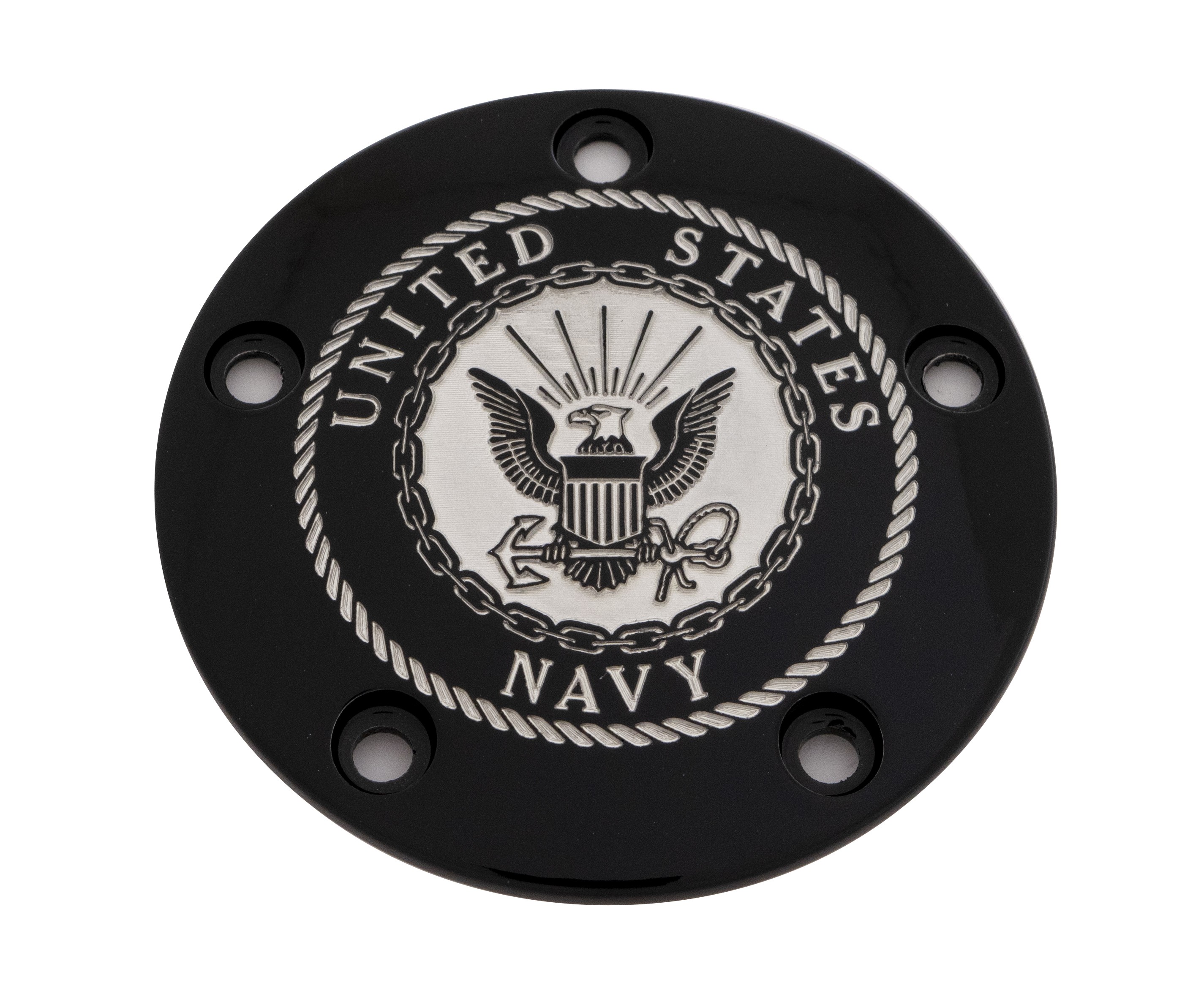 Custom Engraving TC Timer Cover Navy Black V-Twin - Black billet aluminum timer cover for V-Twin engines - Click Image to Close