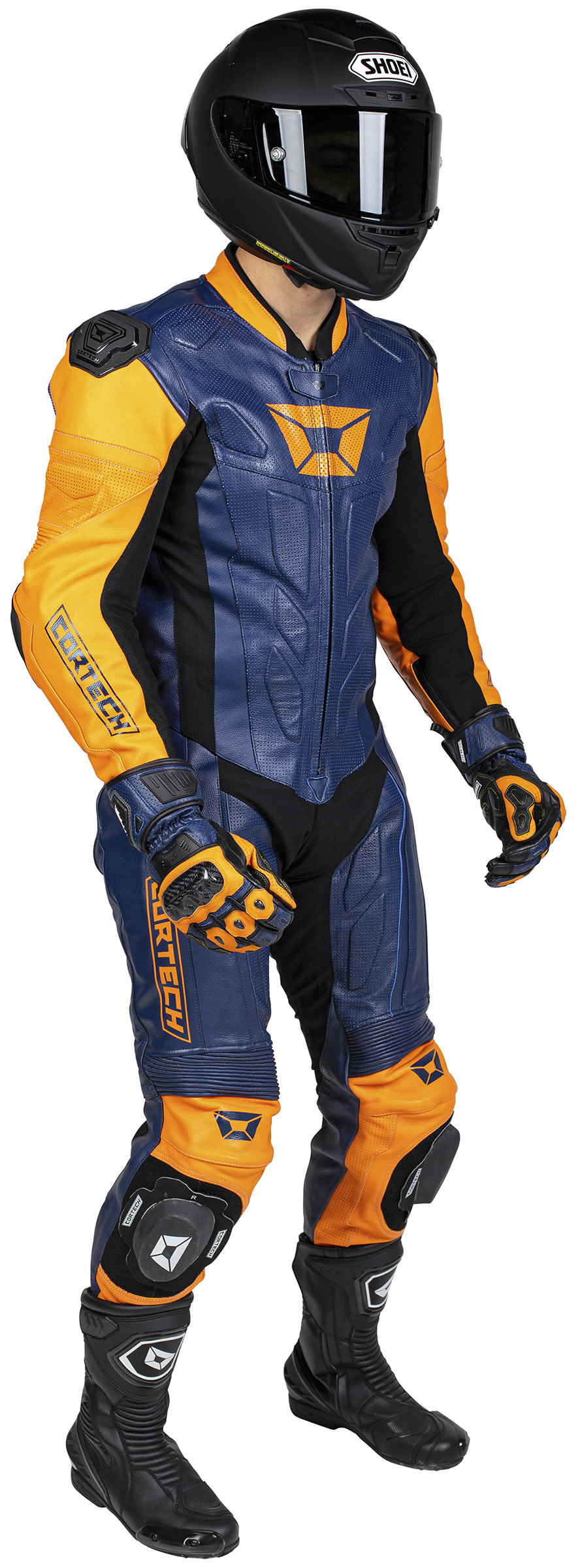 Men's Apex V1 RR Leather One-Piece Race Suit Orange/Blue Medium - Click Image to Close