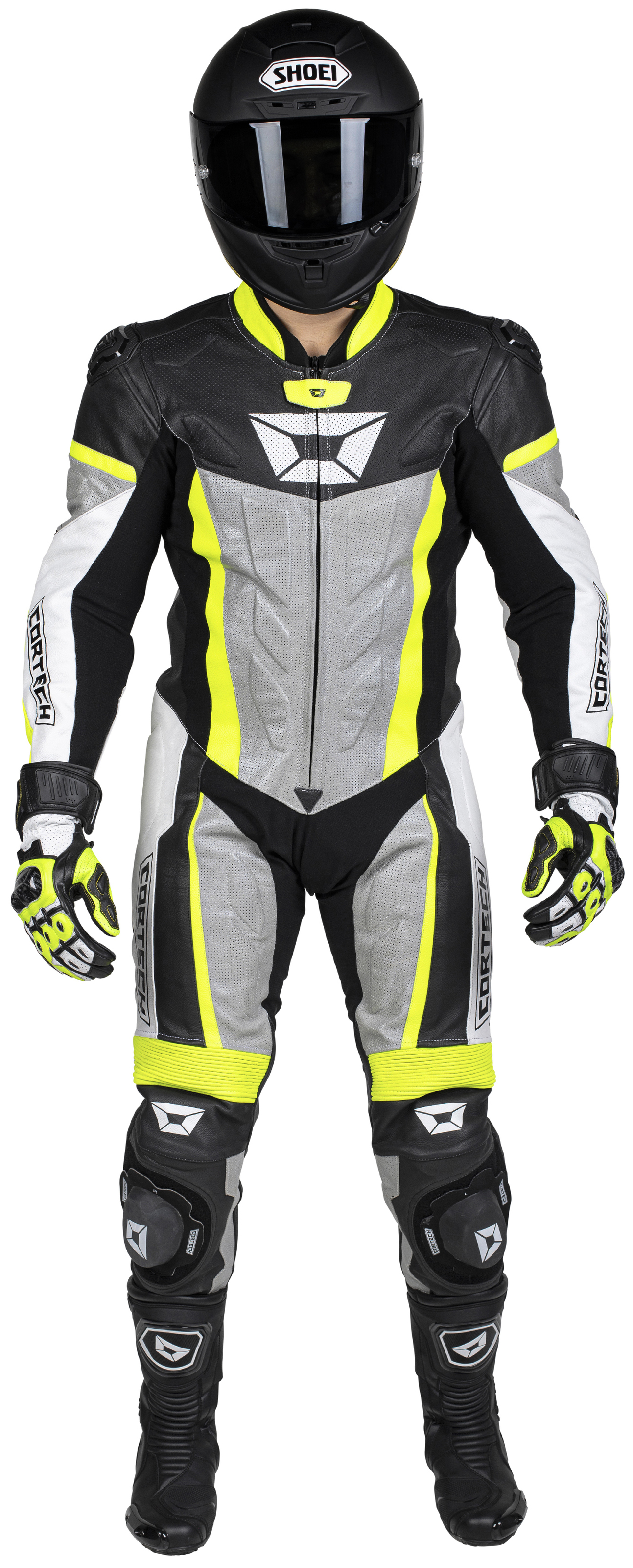 Men's Apex V1 RR Leather One-Piece Race Suit HiViz/Grey 2X-Large - Click Image to Close