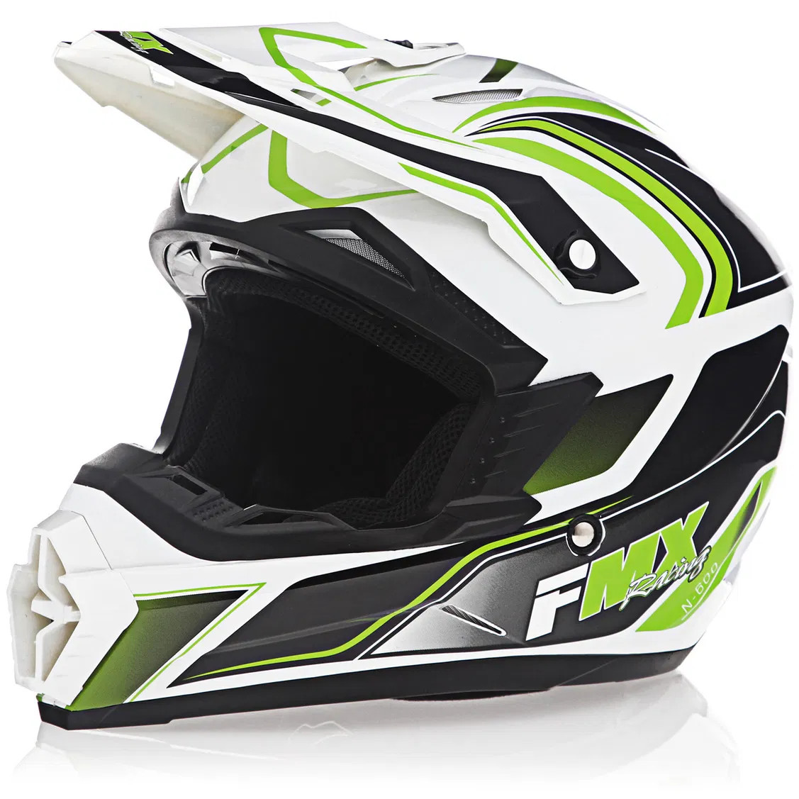 FMX N-600 X-Large Motocross Helmet, White & Green, Double D Closure, DOT - Click Image to Close