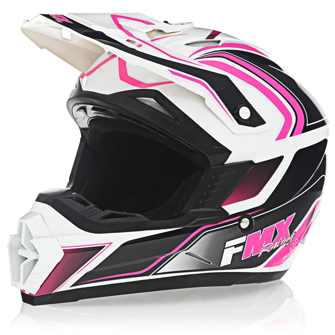 FMX N-600 Large Motocross Helmet, White & Pink, Double D Closure, DOT Approved - Click Image to Close