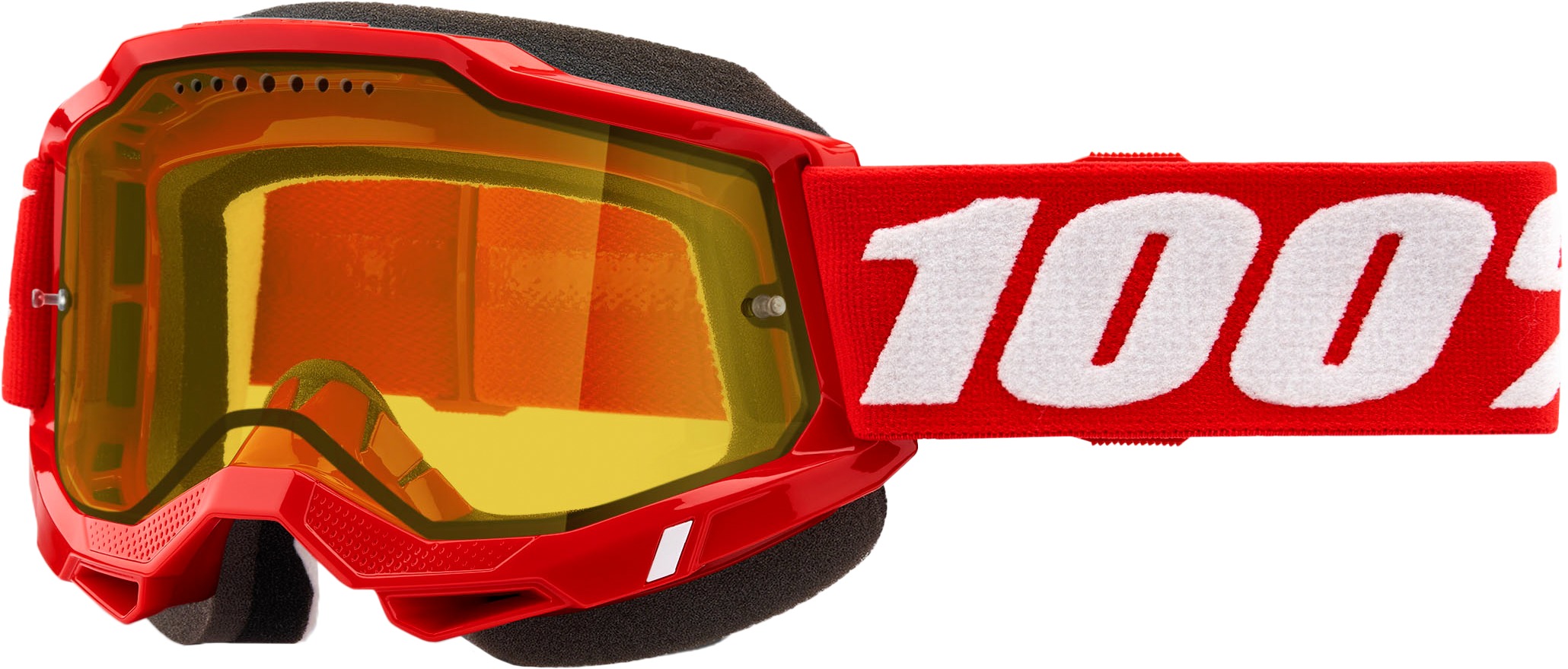 100 Percent Accuri 2 Snowmobile Goggles Neon Red Yellow Lens - Snow goggles with yellow lens for snowmobile use - Click Image to Close