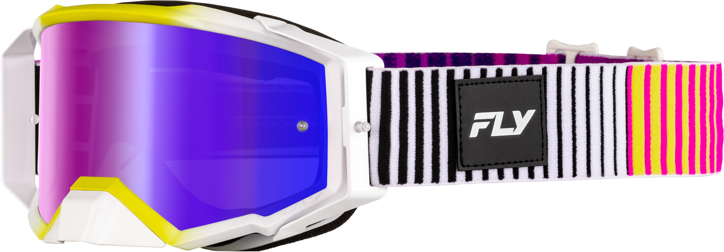 FLY RACING Zone Elite Goggles Pink/Yellow/Purple - Premium goggles with red mirror/smoke lens - Click Image to Close