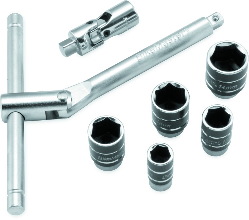 BikeMaster 1/4in Drive Compact Sliding and Folding T-Handle Set - Compact T-handle set with sockets by BikeMaster - Click Image to Close
