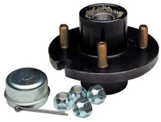High Speed 4 Hole Trailer Hub 1 Inch Bearing Demountable Complete - 4 hole trailer hub, 1 in bearing, 1000 lb capacity - Click Image to Close