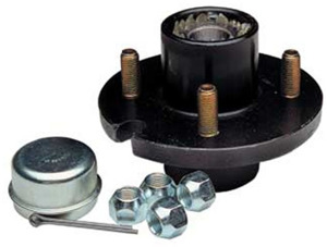 High Speed 4 Hole Trailer Hub 1 Inch Bearing Demountable Complete - 4 hole trailer hub, 1 in bearing, 1000 lb capacity